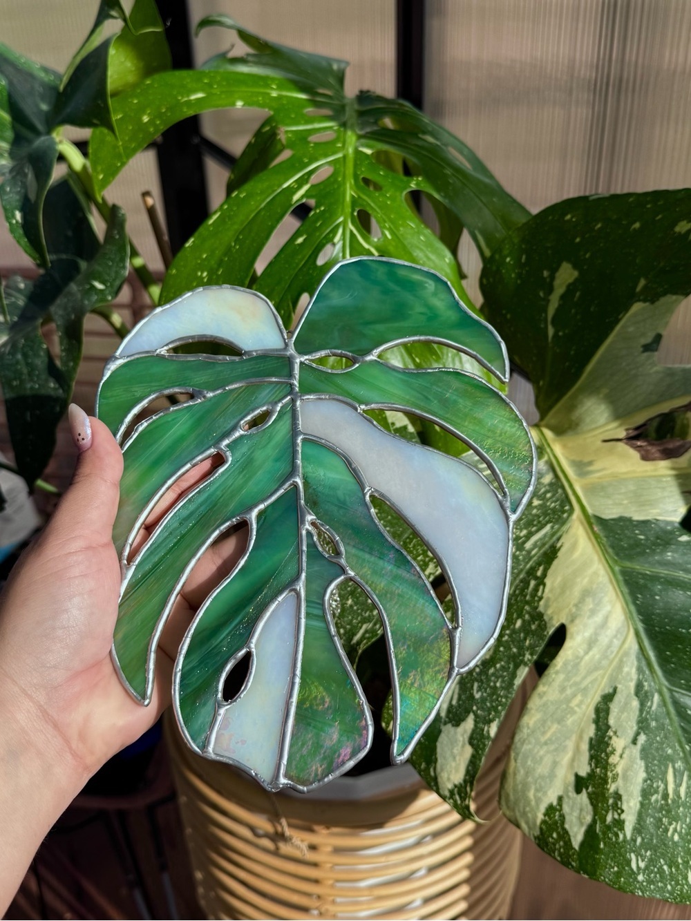 Iridescent Monstera Leaf Stained Glass Hanging Art - Picture 2 of 3